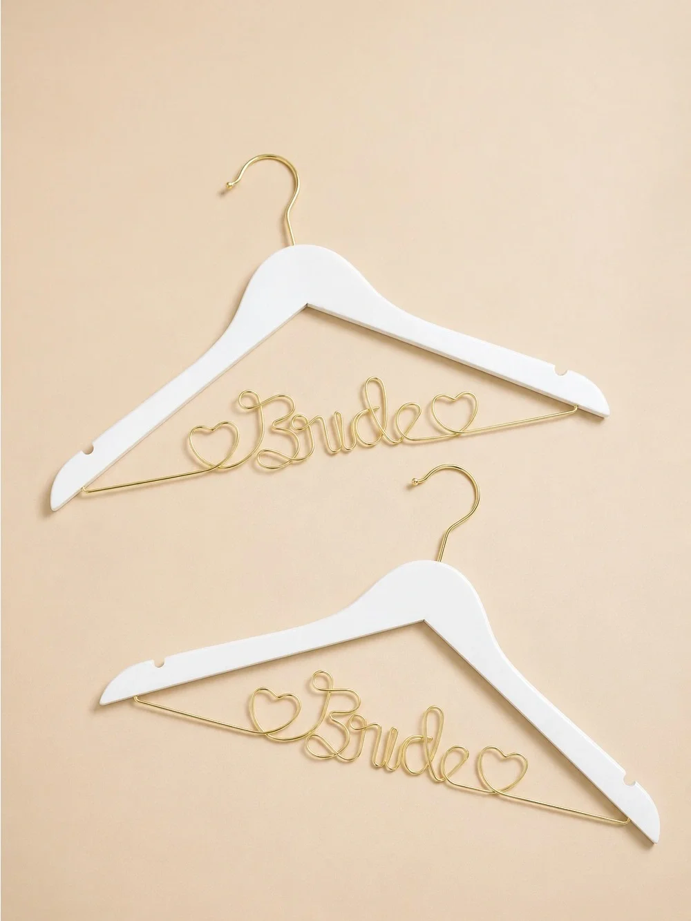Set of 2 Bride Wedding Dress Hangers White Wood Gold Wire Hearts